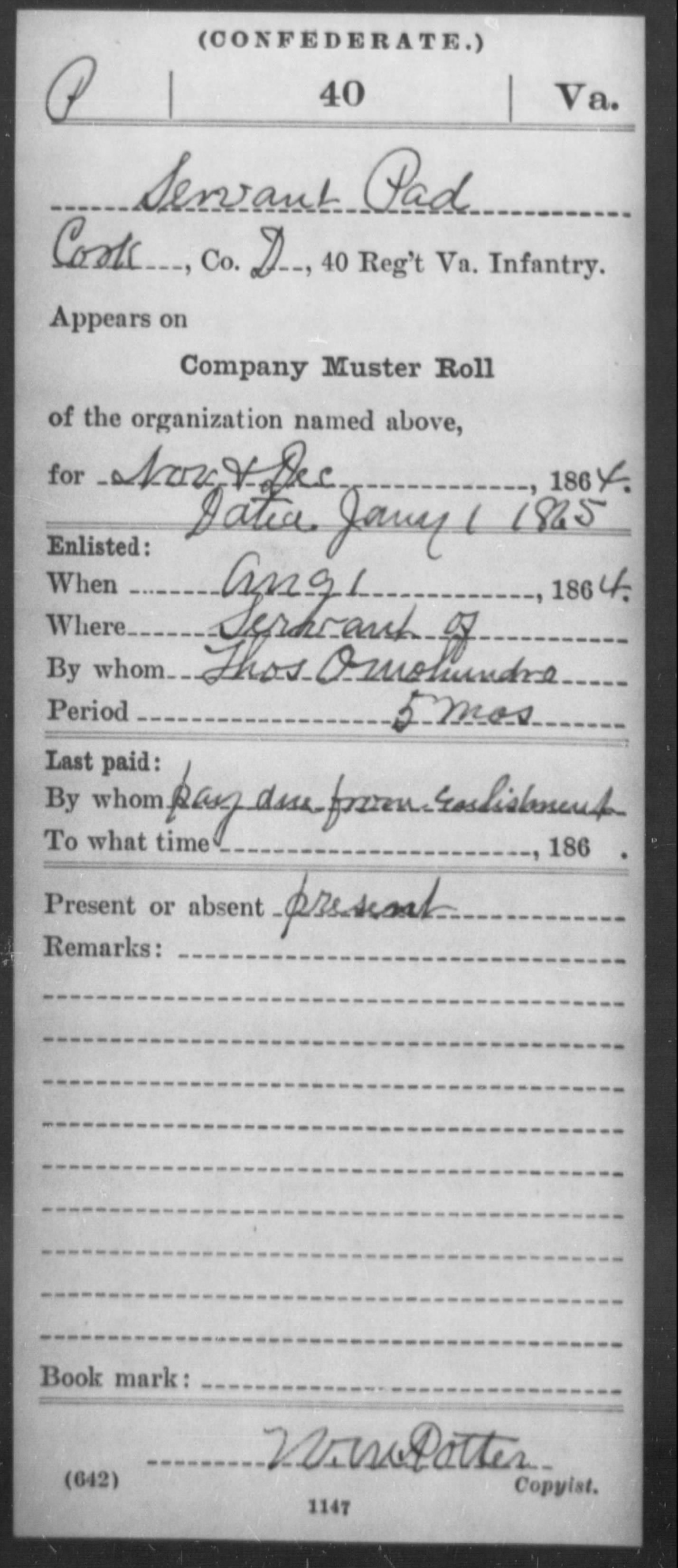 Muster Roll form for Pad, a servant of Thomas M Omohundro