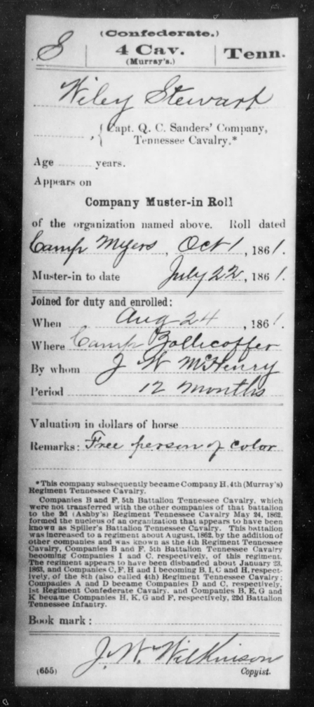 Wiley Stewart Confederate Soldier Service Record